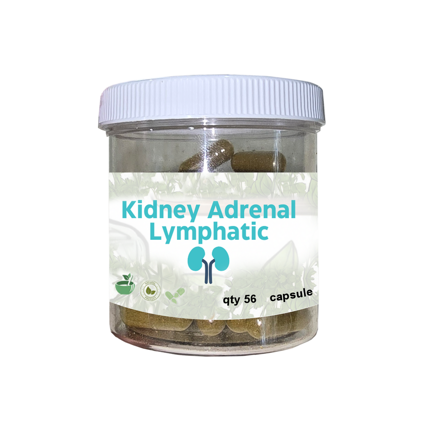 Jar of capsules labeled 'Kidney Adrenal Lymphatic'