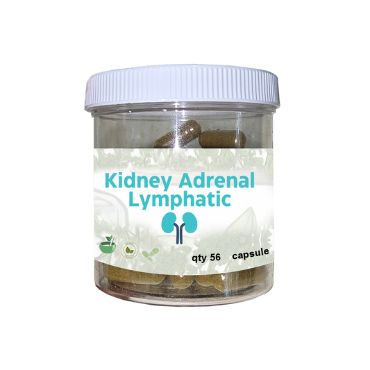 Jar of capsules labeled 'Kidney Adrenal Lymphatic'