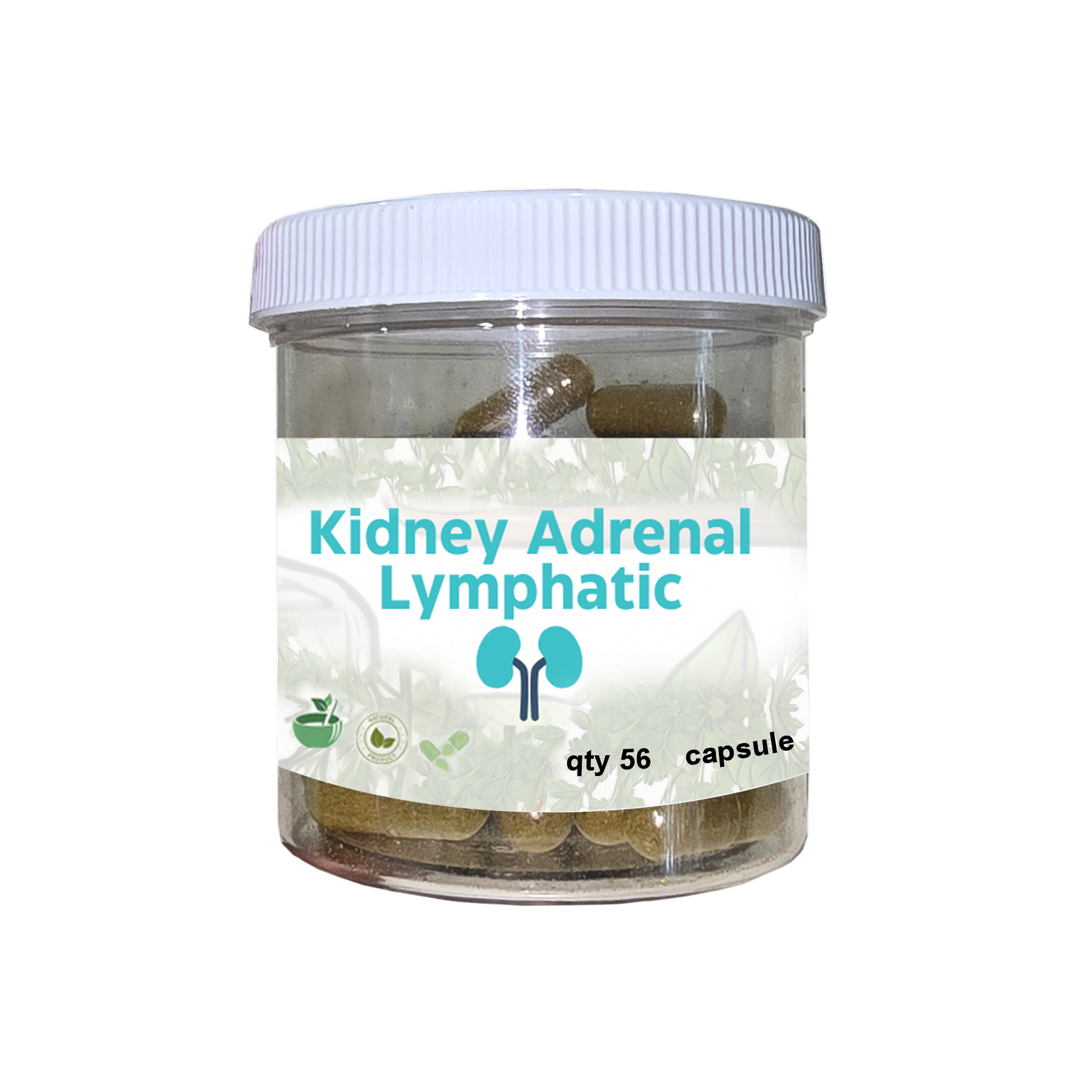 Jar of capsules labeled 'Kidney Adrenal Lymphatic' 